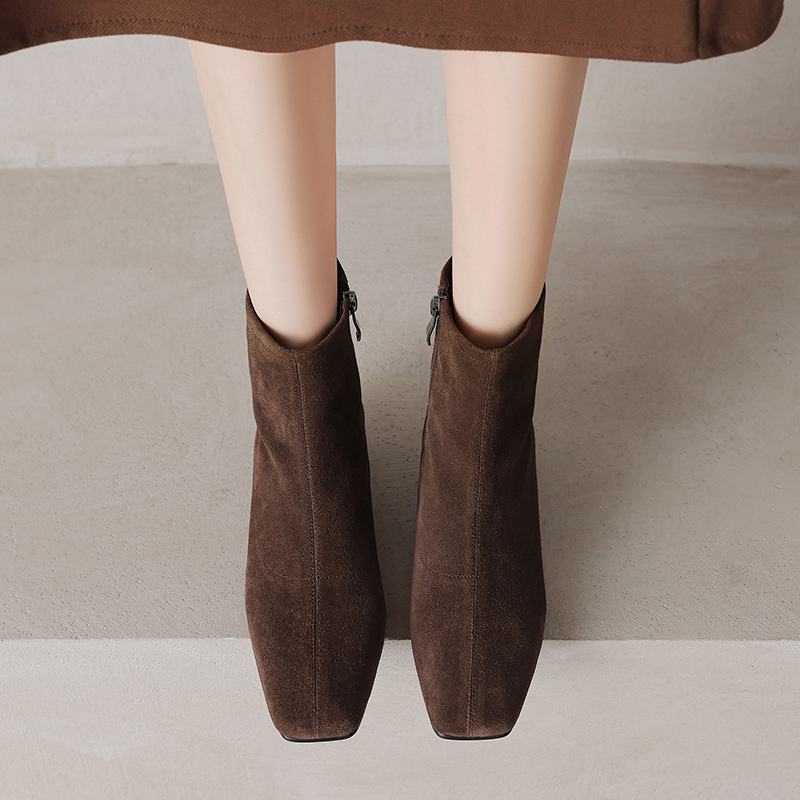 Krazing Pot Cow Suede Winter Med Heels Chelsea Boots Square Toe Women Zipper Size 43 Ankle Boots