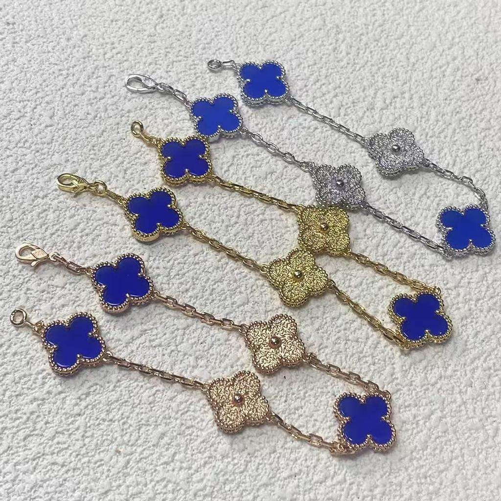 Модный браслет «Четырехлистный клевер», браслет «Пятицветок» женский с горячим тиснением, синий перламутр, розовое золото 18 карат, версия High, браслет с ЧПУ