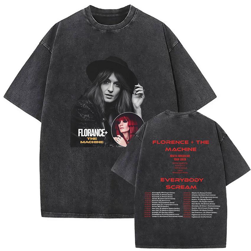 Florence and The Machine Tour Vintage Washed T Shirt Men Women Harajuku Aesthetic Oversized Cotton Tshirts Yk Streetwear