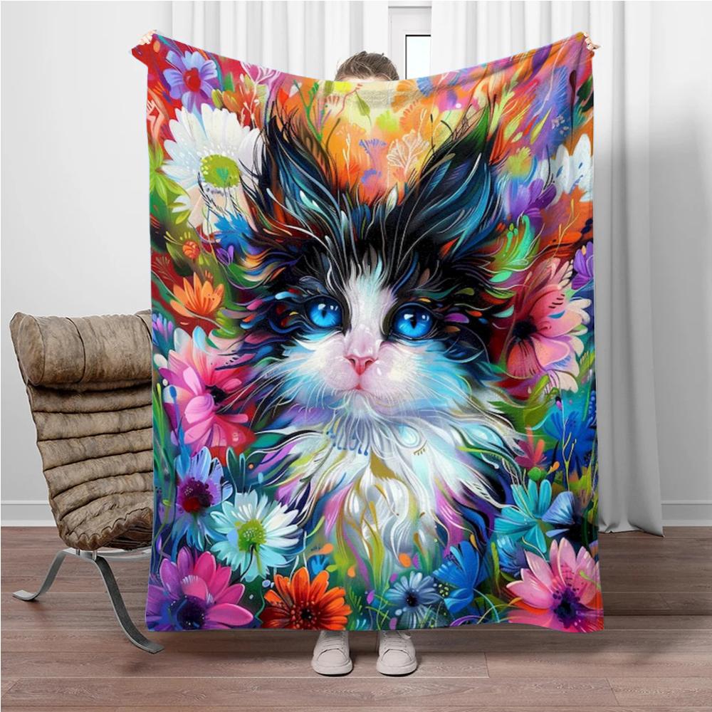 8 Size Colorful Cat Flannel Throw Blanket,Soft Throw Blanket for Home Bedroom Bed Sofa Picnic Travel Office Cover Child Gift