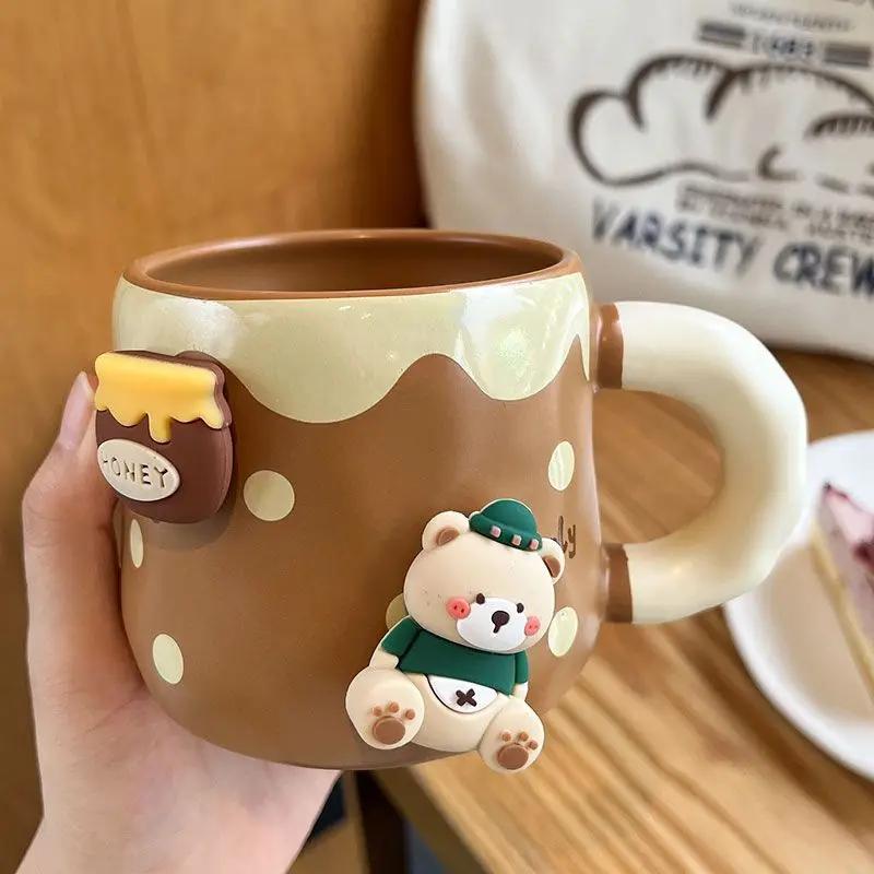 Кружка Honey Bear из утолщенной керамики с крышкой и ложкой, кофейная чашка, 3D магнитная съемная адсорбционная вешалка, посуда для питья