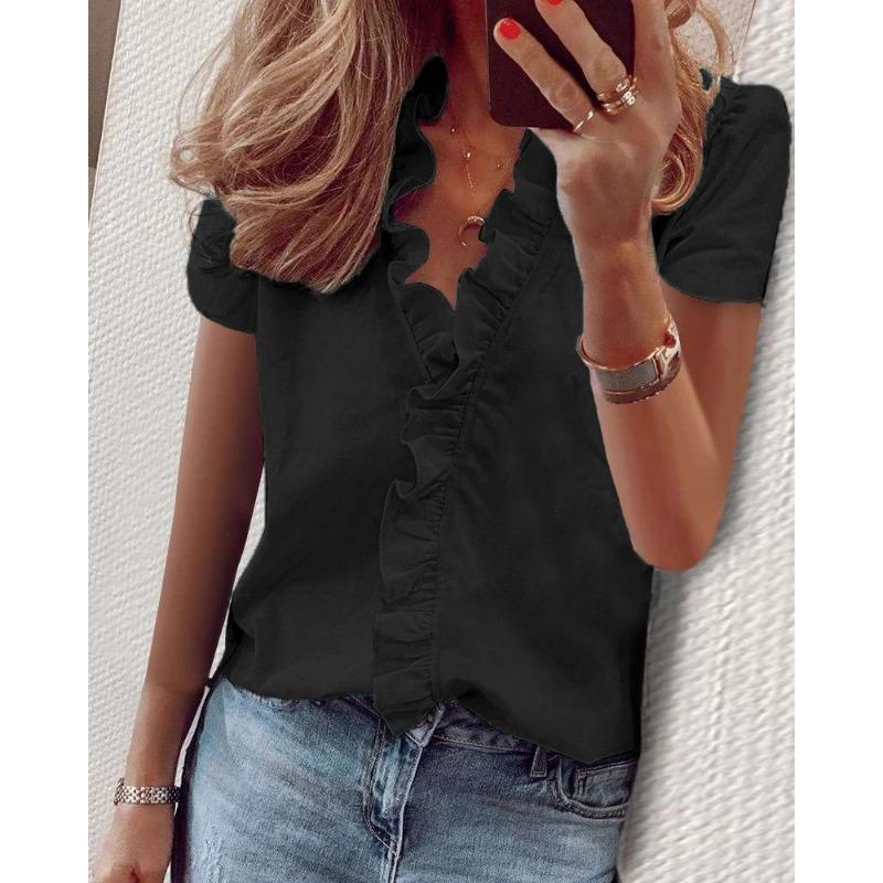 YYFS Women's Fashion Casual Summer Spring Solid Color Print Short Sleeve V-Neck Blouses & Shirts