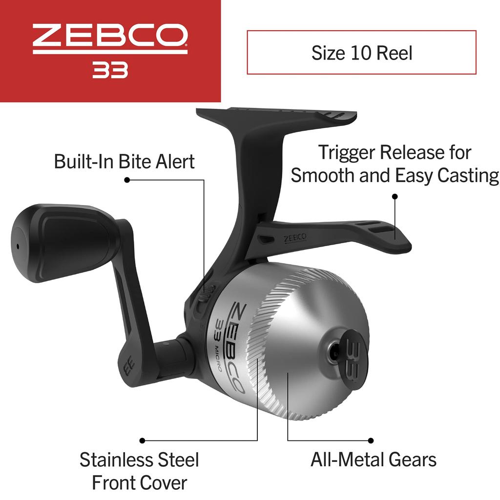Zebco 33 Micro Trigger Spincast Fishing Reel Size 10 Reel Changeable Right or Left Handed Retrieval Bite Alert All Metal Gear with 4lb Zebco Cajun