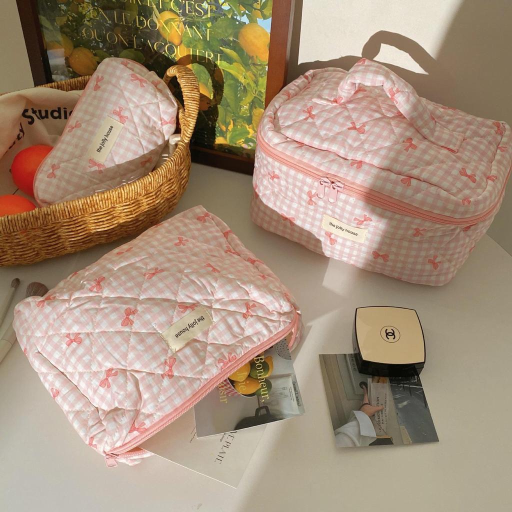 Girly Plaid Bow Makeup Bag - Large Capacity & Portable Handbag for Skincare Storage