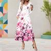Women Plus Size V Neck Long Sleeve Sunflower Print Black A Line Midi Dress With Pockets