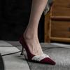 Women High Heels Sexy Beading Shoes Female 2024 New Red Velvet Pumps Pointed Toe RetroThin Heel Party Wedding Shoes Wholesale