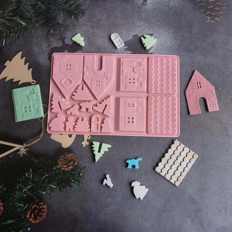 1Pc Building Block Christmas House Chocolate Mold Silicone Mould Gingerbread House Cookie Mold Cake Fudge Christmas Decoration