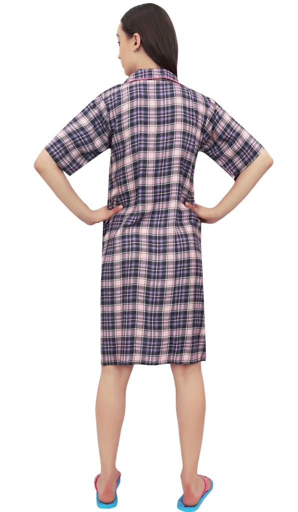 Bimba Check Print Baby Pink Women's Sleepshirt Button-up Shirt Dress Sleepwear -