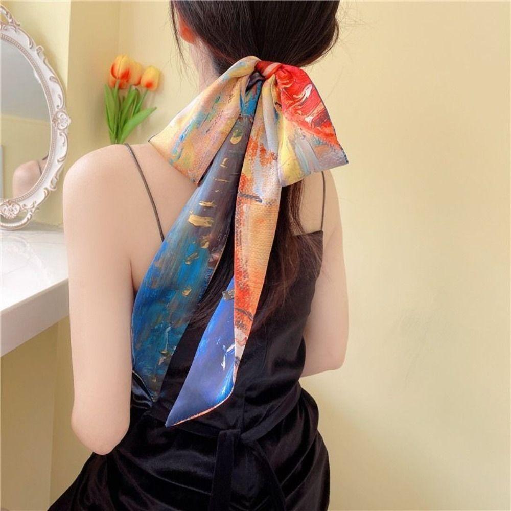 Ribbon Long Strip Silk Scarf Headband Retro Woman Headdress New Printing Tied Hair Turban