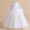 2023 Girls Appliques Mesh Overlay Bow Front Flounce Sleeve Party Bridesmaid Wedding Plain Dress White Red Baby Pink 4-14 Years