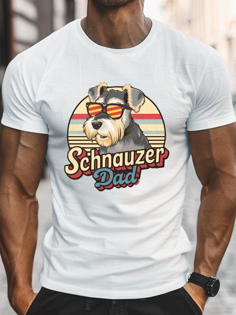 Unisex Black Tee Vintage Schnauzer Sunglasses Dog Dad Graphic Print Crew Neck Short Sleeve Summer Casual Male Cotton Street Top