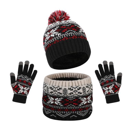 3 Pcs/Set Children Hat Scarf Glove Set Thick Knitted Warm Jacquard Cap Anti-slip Gloves
