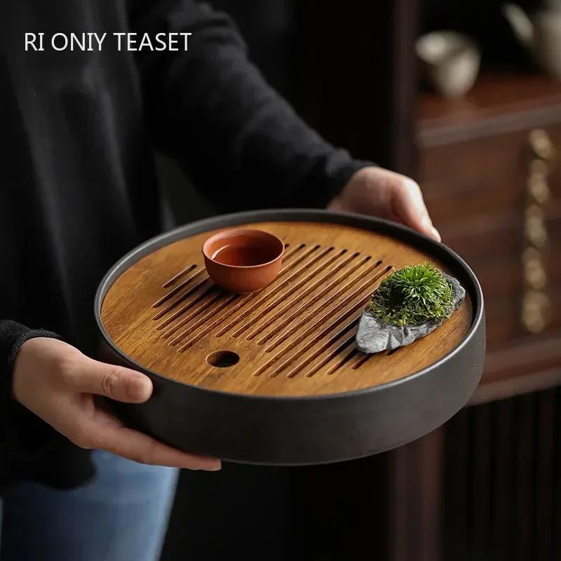 Traditional Ceramics Round Tea Tray Water Storage Household Trays Decorative Bamboo Tea Board Chinese Tea Set Accessories