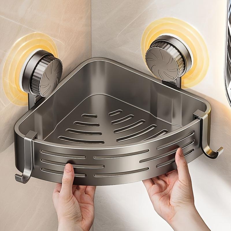 Компактная полка для ванной на присосках - Не требует сверления, Прочная треугольная стойка с крючками, Подходит для душа и туалета