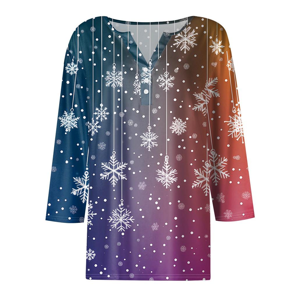 Женская футболка с рождественским принтом, на пуговицах, рукав 3/4, повседневная, выходного дня, модная, базовая, с V-образным вырезом, стандартный топ