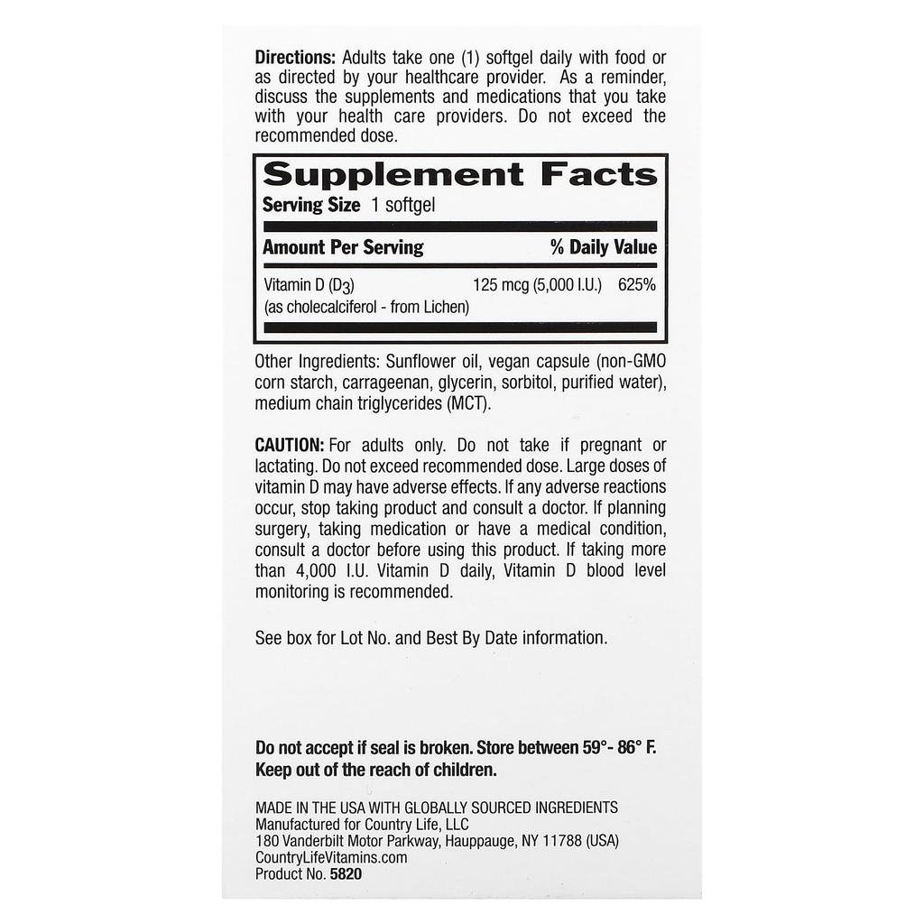 Vegan Certified D3, 125Mcg (5,000Iu), 30 Vegan Softgels