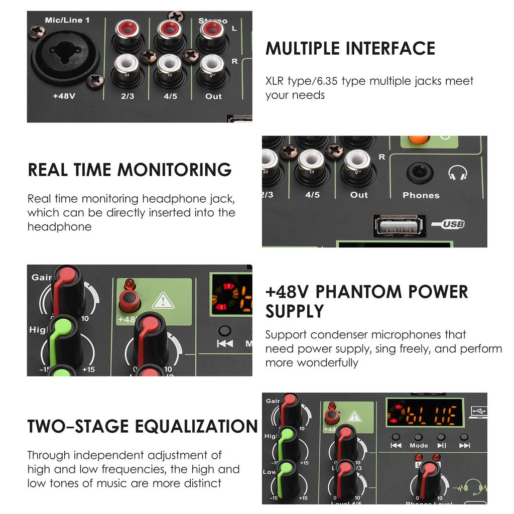 5-канальный компактный аудиомикшер, консоль для микширования звука, фантомное питание, 48 В, USB-аудиоинтерфейс, светодиодная подсветка