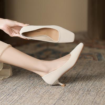 Женские туфли на высоком каблуке-шпильке с квадратным носком и низким вырезом, новые весенне-летние однотонные женские туфли на среднем каблуке