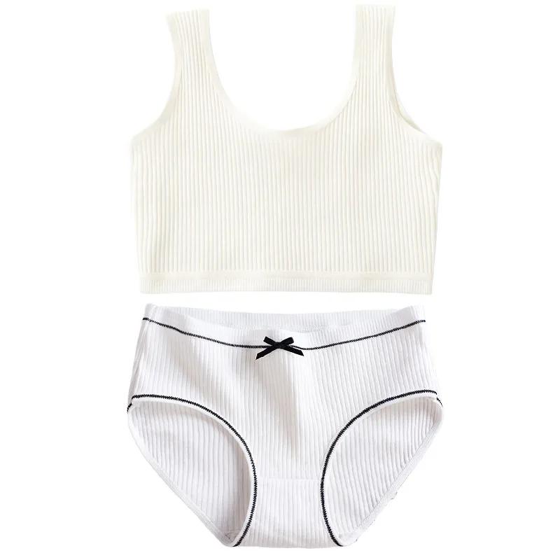 Хлопковые трусики и бюстгальтеры для девочек-подростков, хлопковый тренировочный бюстгальтер и трусики для девочек-подростков, однотонный детский спортивный бюстгальтер, трусы, нижнее белье