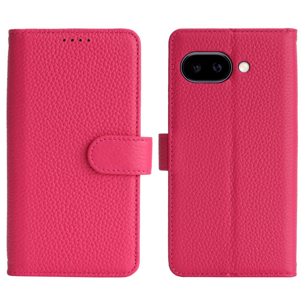 For Google Pixel 9a Stand Case Litchi Texture Genuine Cow Leather Wallet Phone Cover RFID Blocking