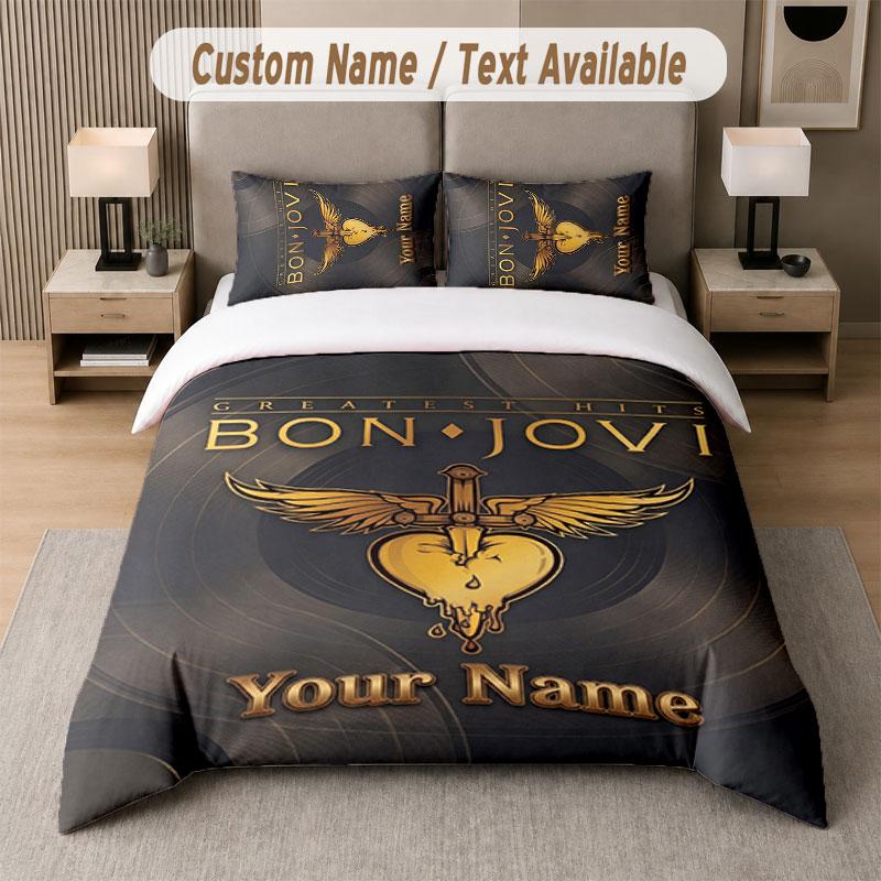 Custom Bedding Set Bon Jovi Pattern, Print Name Text 1 Duvet Cover plus 2 Pillowcases Home Textile