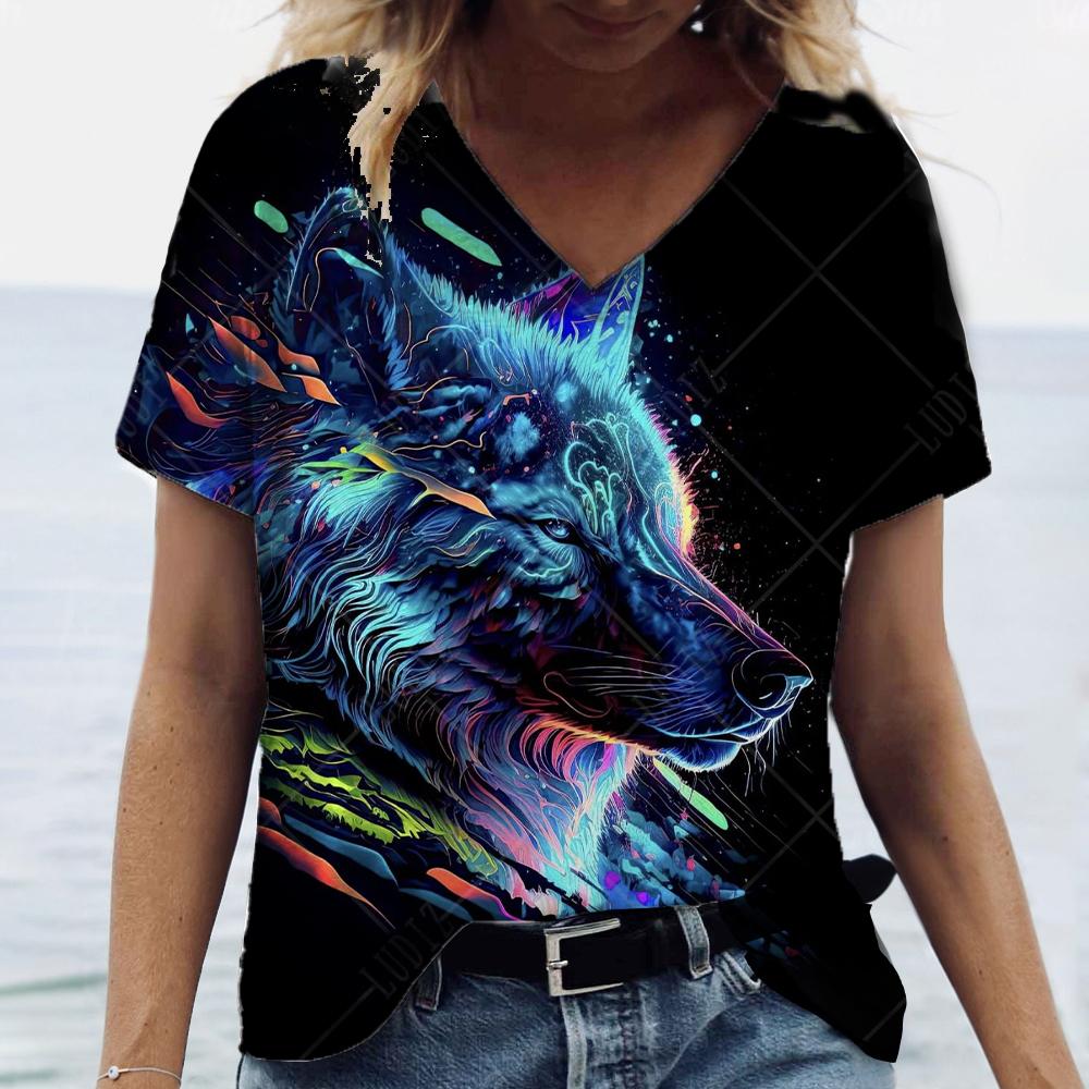 Модная женская футболка с забавным волком и 3D принтом, летняя футболка с короткими рукавами, одежда большого размера из полиэфирного волокна