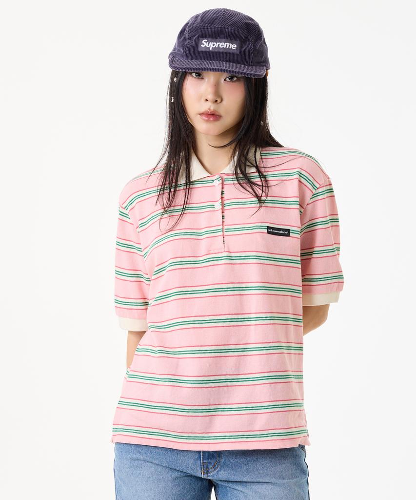 UNKNOWN PLANET Retro Multi-Stripe Polo Shirt Pink