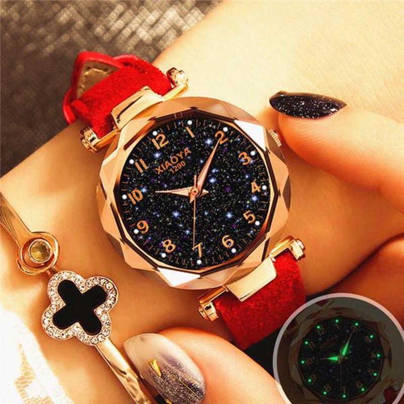 Women Luxury Watch Personality Romantic Luminous Starry Sky Wristwatch Leather Rhinestone Watch