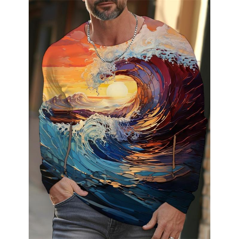 Новая мужская футболка с длинными рукавами Ukiyoe с 3D-печатью, высококачественный рисунок волн и кошек, мужской осенний повседневный топ с круглым вырезом
