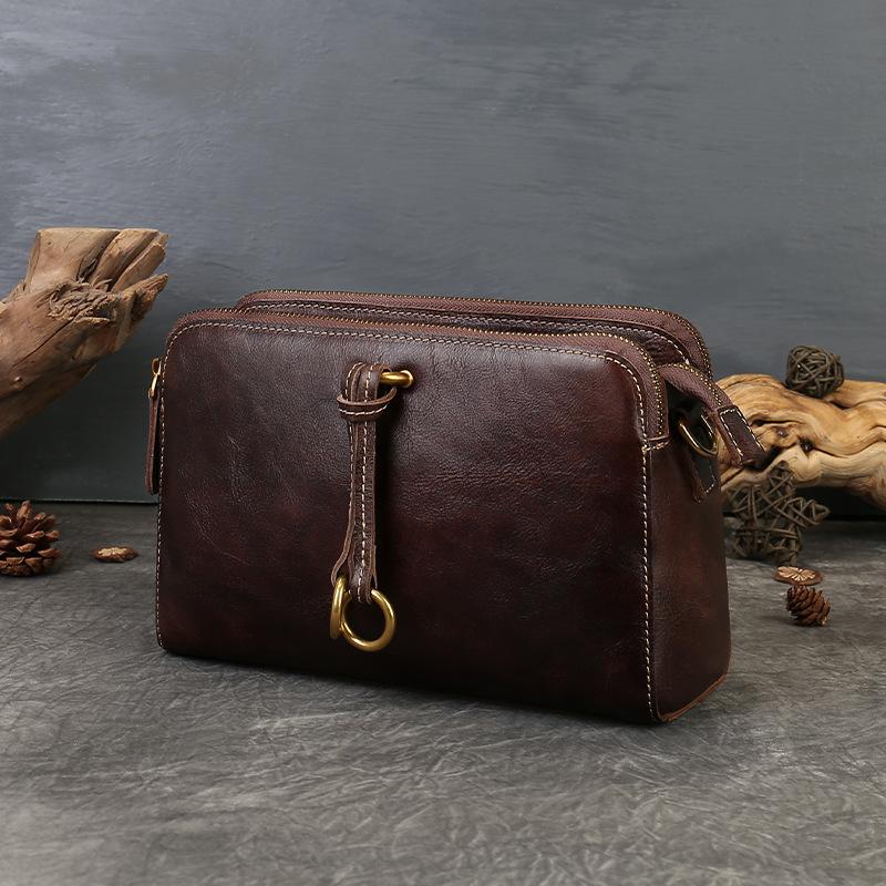 Сумка кроссбоди с тремя отделениями, из натуральной кожи, в стиле ретро, ручной работы, одноплечевая маленькая квадратная сумка