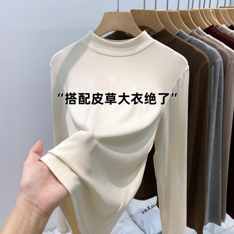 Теплая полированная базовая водолазка с маленькой стойкой, женская весенняя облегающая футболка с длинным рукавом для ношения под одеждой, тонкий бархатный базовый топ