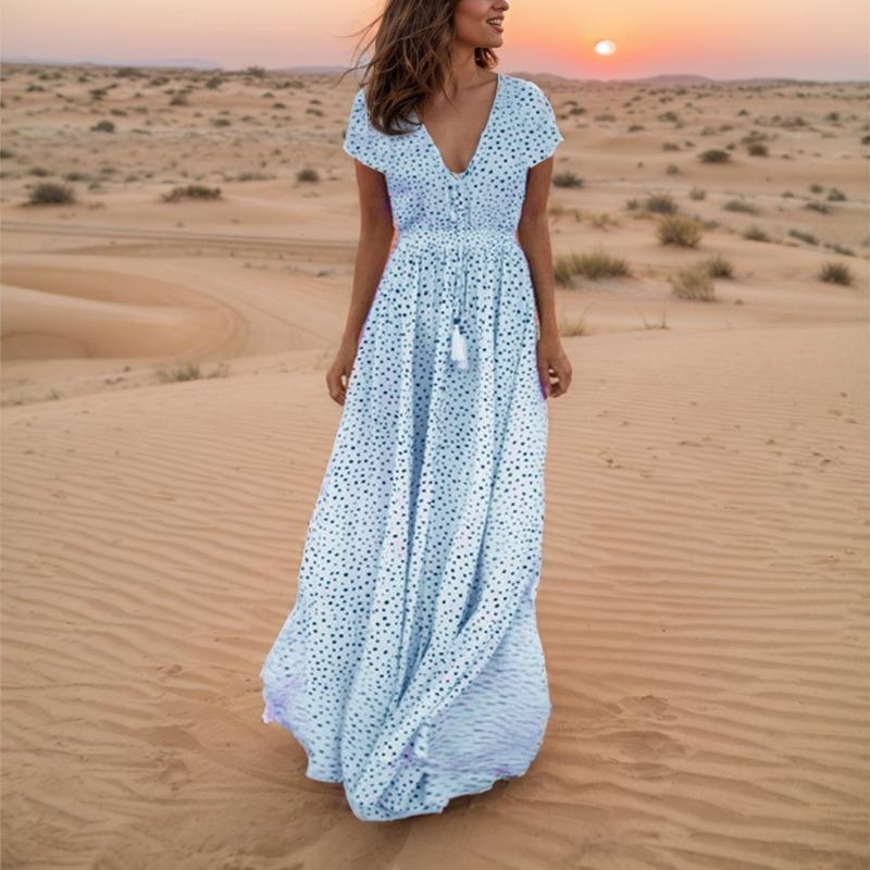 Стильное летнее платье с V-образным вырезом и коротким рукавом, длинное платье в горошек в стиле бохо на праздники