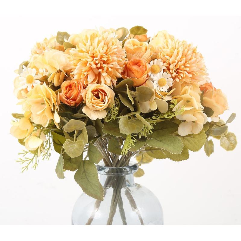 4 Packs Fake Roses Artificial Hydrangeas Artificial Silk Daisies Bouquets Fake Flowers for Kitchen Garden Table Centerpieces Home Wedding Decor