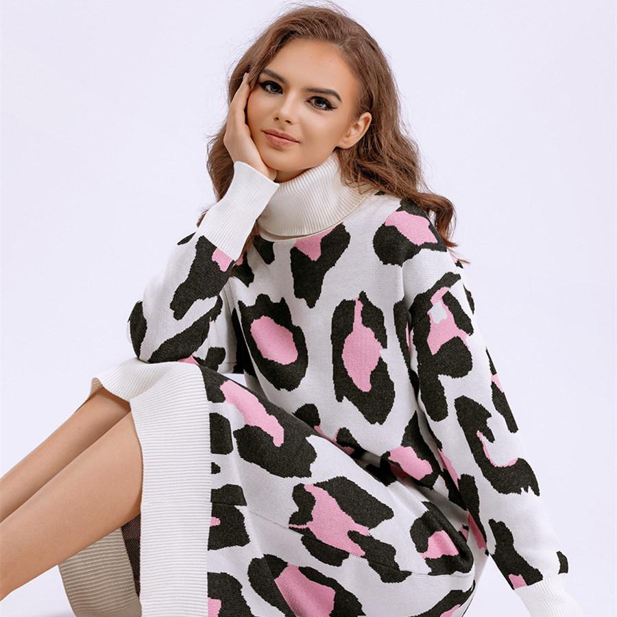 Осенне-зимнее женское длинное трикотажное платье с высоким воротником и леопардовым принтом