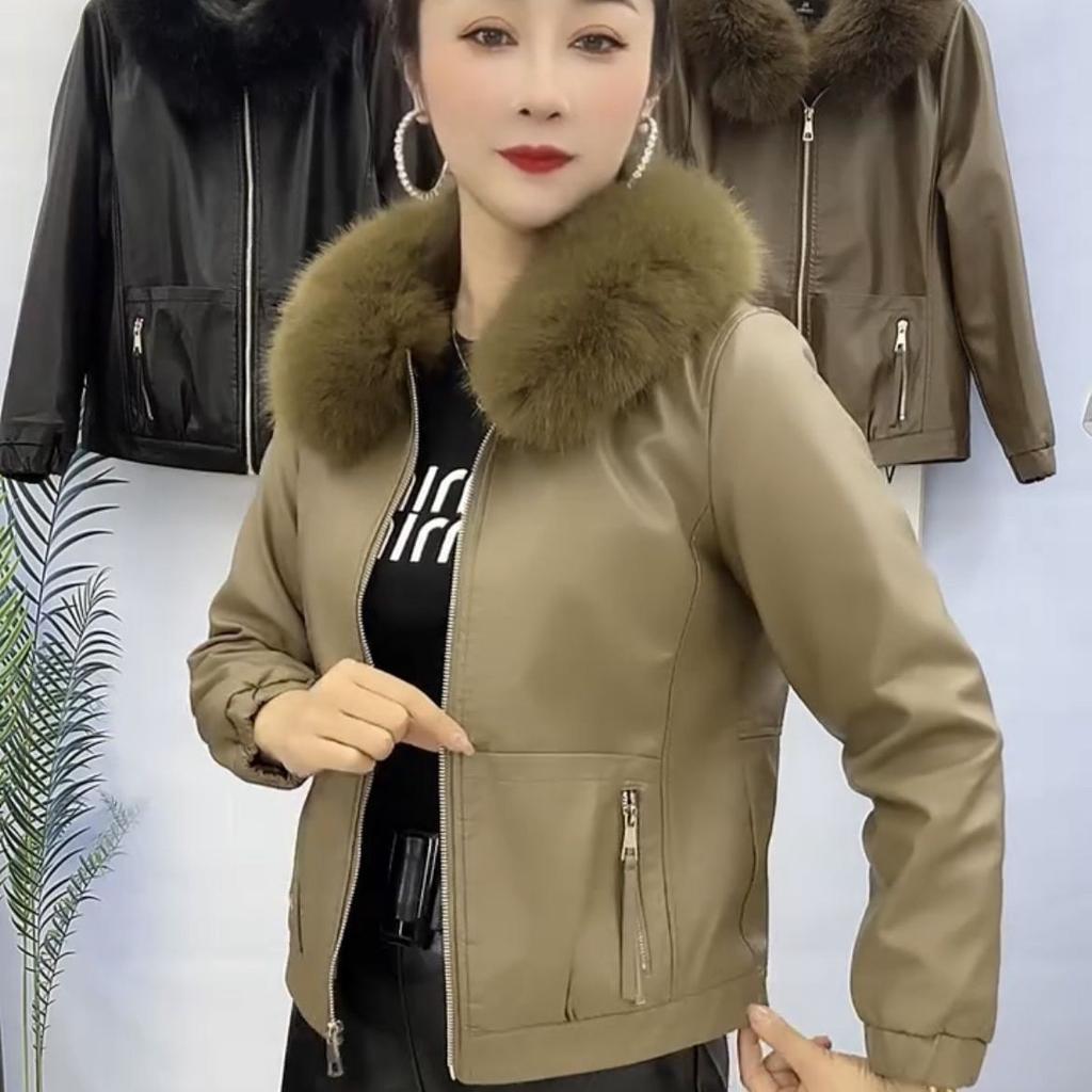 Large Fur Collar Plus Fleece Thick Leather Coat Women Autumn and Winter New Fashion All Match Warm Coat Women Leather Jackets