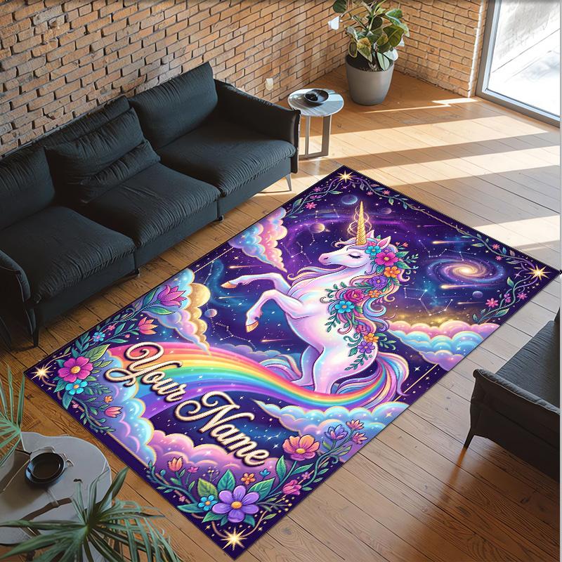 Unicorn Theme Crystal Velvet Floor Rug Personalized Custom Name Text Warm Carpet Home Decoration