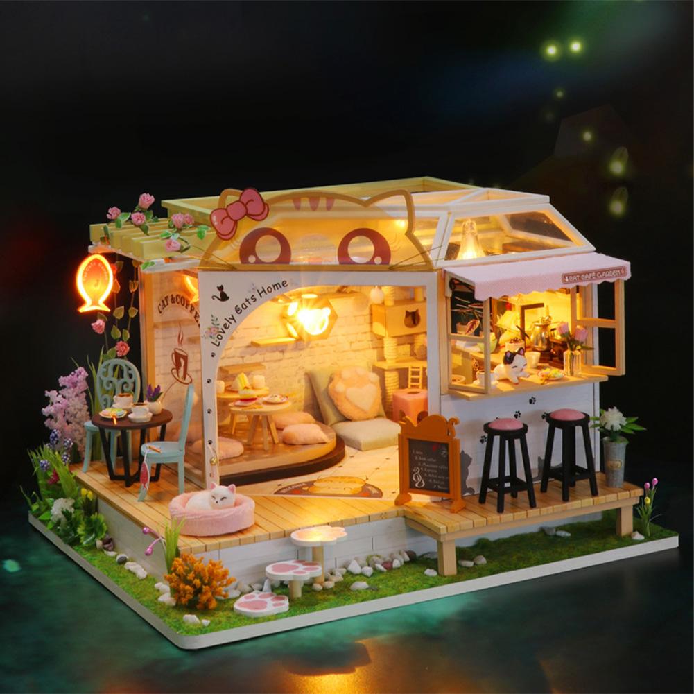 DIY Cat Cafe Miniature Dollhouse Kit With Music And Light Cat Coffee Shop Mini Doll House Model Building Kit With Furniture