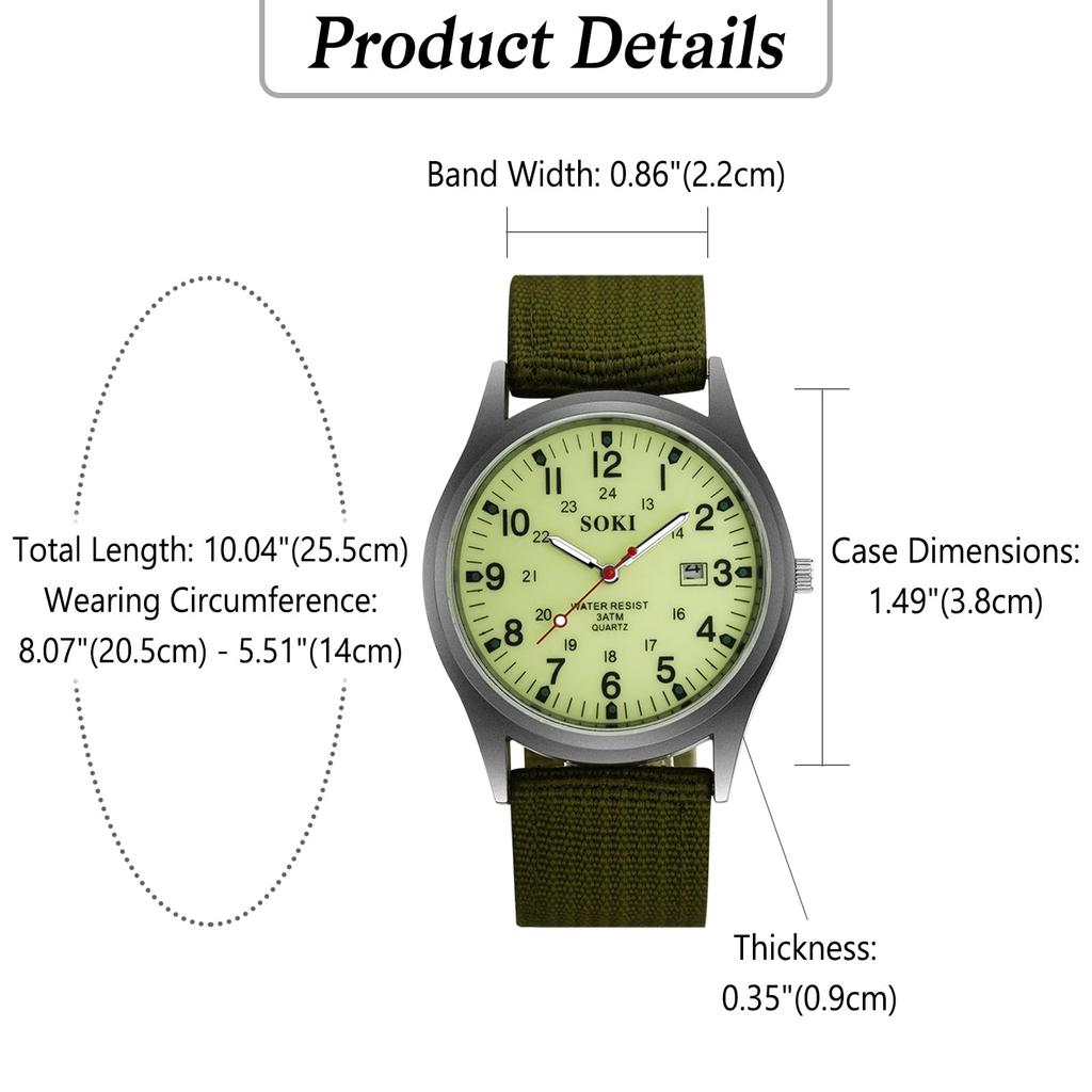 Arabic Imitation Military Luminous Large Nylon Green Men's Wristwatch, Waterproof, Luminous Numerals, Exquisite, Watch, Outdoor, 24-Hour Pointer,