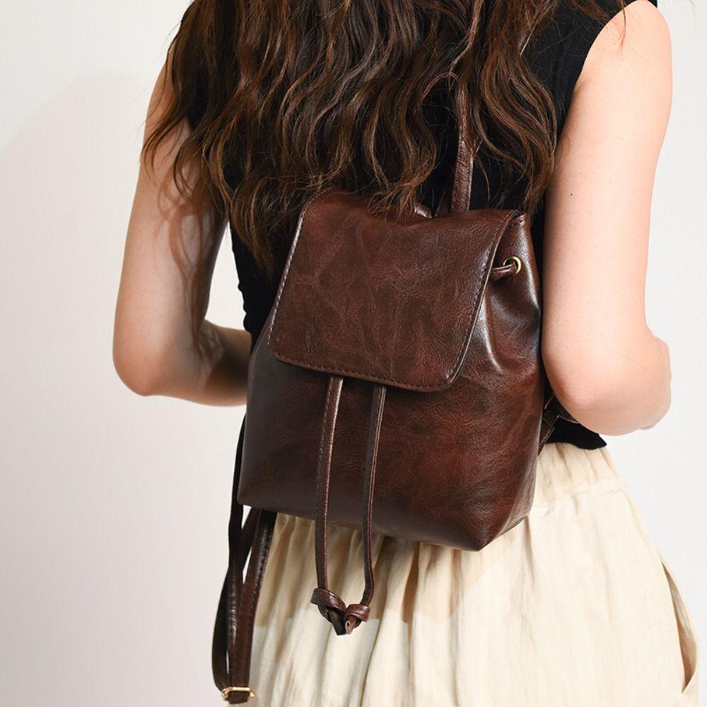 Brown PU Backpack Small Pack Retro Backpack Cute Solid Color Shoulder Bag Lady