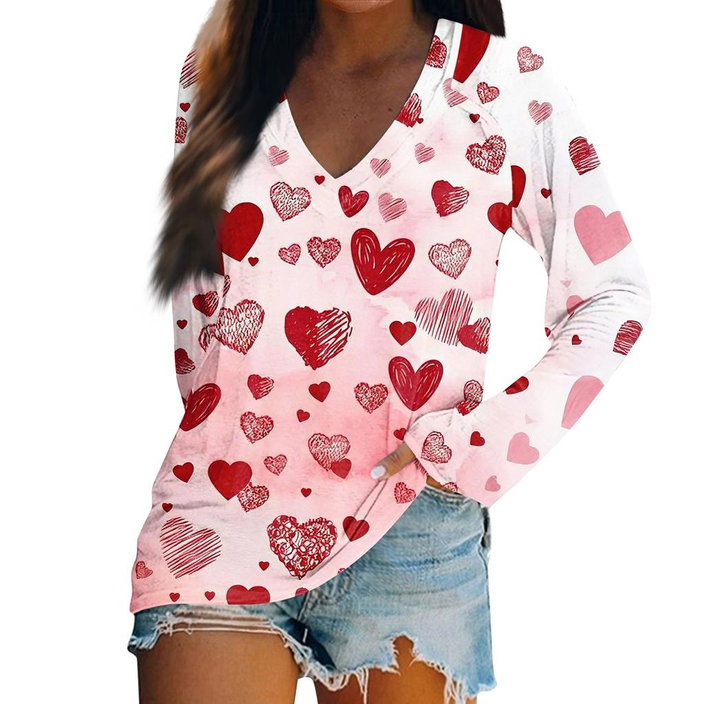 Women's Long Sleeved T-shirt V-neck Valentine's Day Print Casual And Comfortable Top