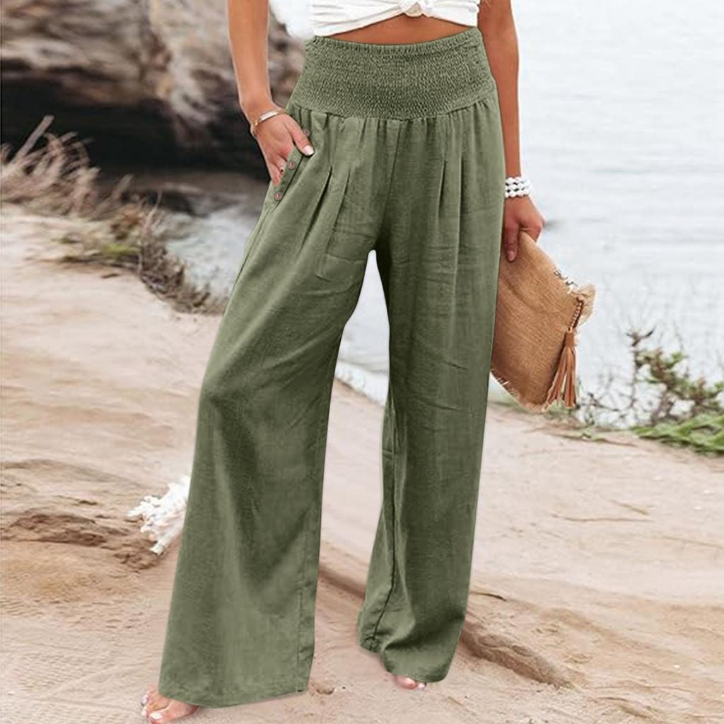 Summer Cotton Linen Wide Leg Pants Women Loose Palazzo Pant Pocket Elastic Waist Button Casual Pants