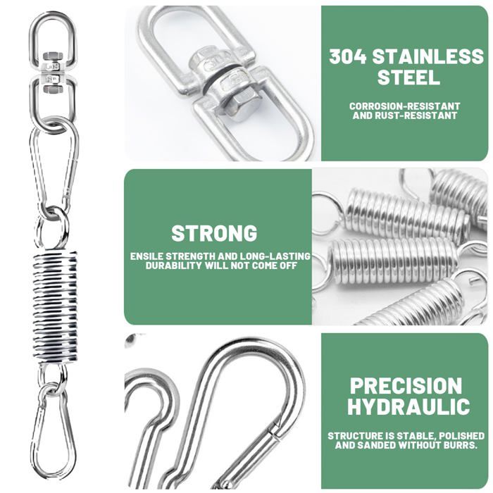 Ressort Oscillant pour Chaise Suspendue Ressort en Acier Inoxydable 304 avec Crochet Pivotant à 360° et 2 Mousquetons Kits (4 Pcs)