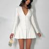 Women Elegant White Single-breasted Pleated Mini Dress Fashion Deep V-neck Long Sleeved A-line Dressses Lady Streetwear