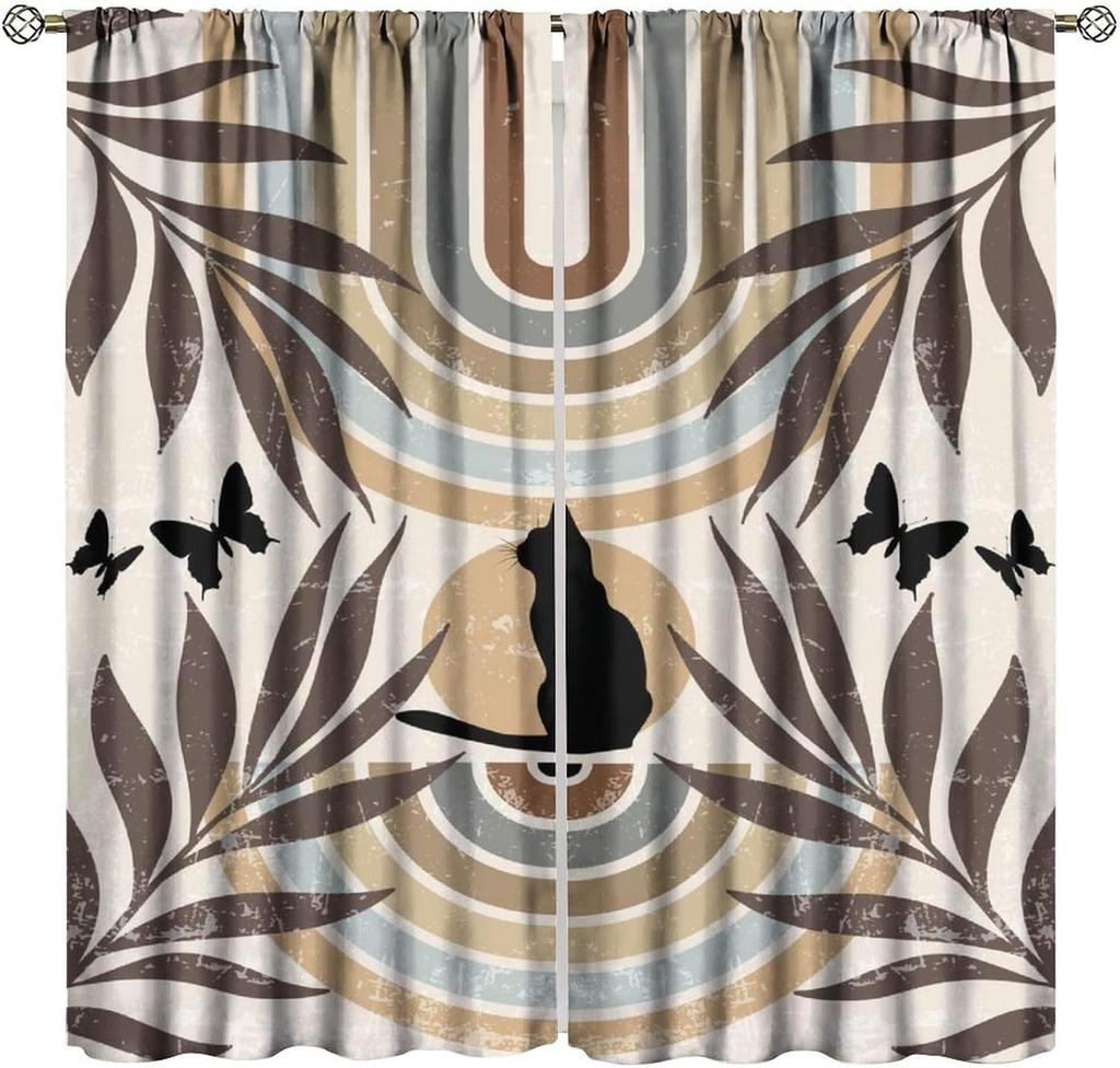 Mid Century Moon Cat Curtain Retro Black Cat Leaves Sun Moon Leaves Boho Abstract Geometric Arch 70s Window Drapes for Bedroom