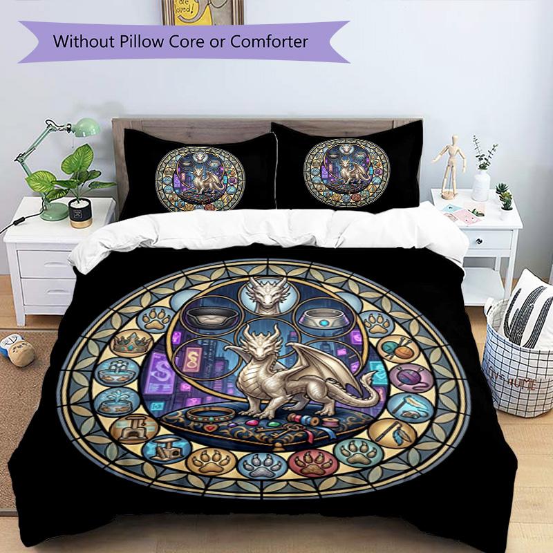 Dragon Symbols Circle Pattern Bedding,Quilt Set Quilt Cover Pillowcase Home Birthday Gift (1 * duvet cover + 2 * pillowcase, without core)