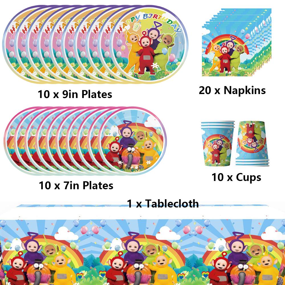 51pcs Teletubbies Cartoon Tableware Includes Plates Napkins Cups Tablecloth