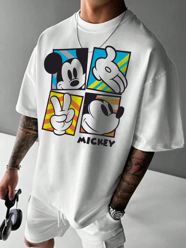 Disney Mickey Cartoon Print Short Sleeve Casual T-Shirt For Men Adult Children's Parent-Child Clothing 100-4XL Men Clothing Tees
