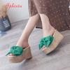Fashion Aphixta Summer 9cm Wedge Heels Slippers Women Big Pearl Bead Flowers Cow Suede Bow Mulers 4cm Platform Sandals Clog Shoes Slides