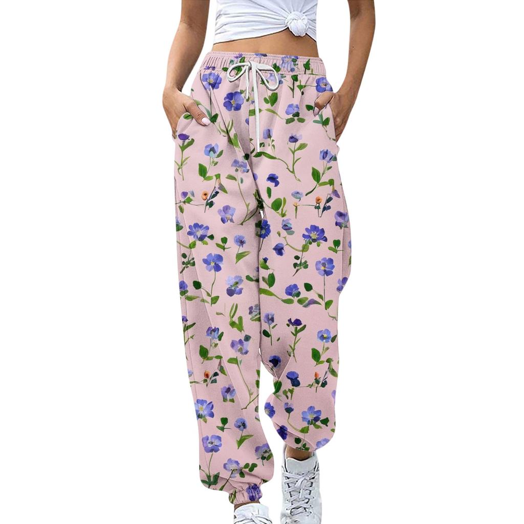 Women's Sports Pants With Pockets Fashion Floral Print Elastic Waist Pants Casual Sweatpants Pants
