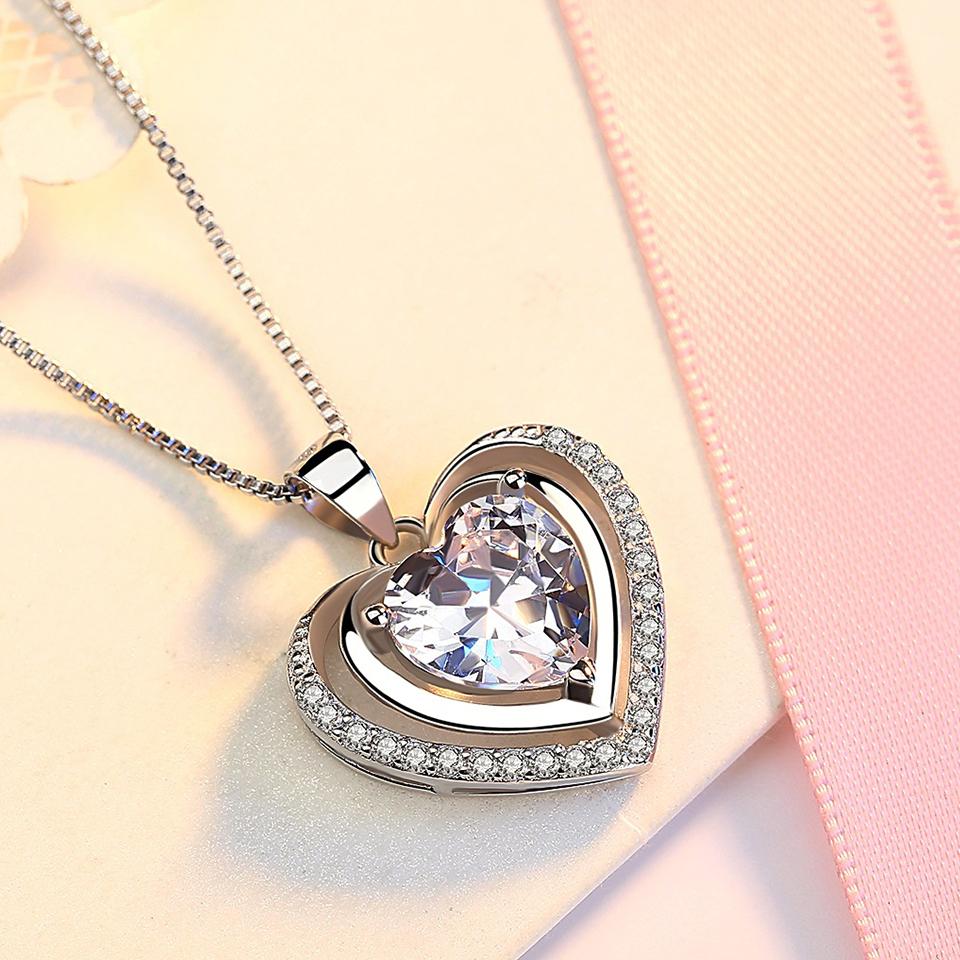 Zircon Heart Necklaces for Women Lover Silver Color Female Pendant Necklace Fashion Neck Chain Jewelry Girlfriend Birthday Gift